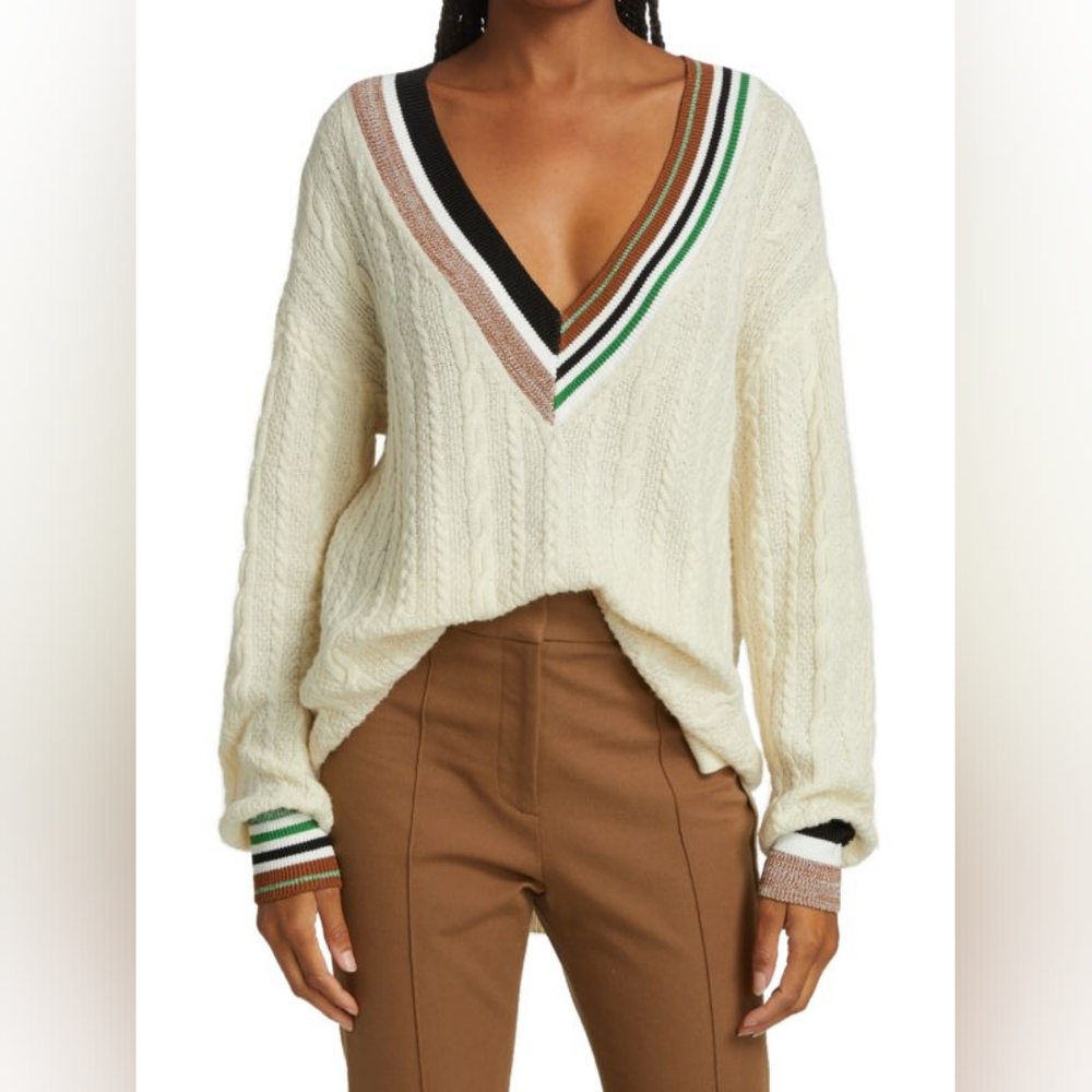 Veronica Beard Rory Cabled V-Neck Pullover size Small